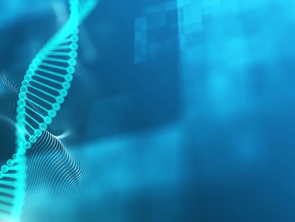 Digital representation of a glowing DNA double helix on a blue background.