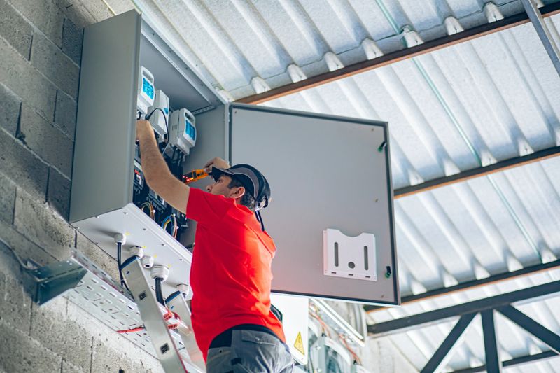 Electrician engineer uses a multimeter to test the electrical installation and power line current in an electrical system control cabinet.