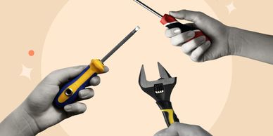 Hands holding different tools against a beige background.
