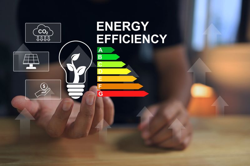 A man holds an electric light bulb with tree inside and an energy saving rating sign to tell customer the value of the product to make a decision. Energy saving and zero co2 clean energy concept.
