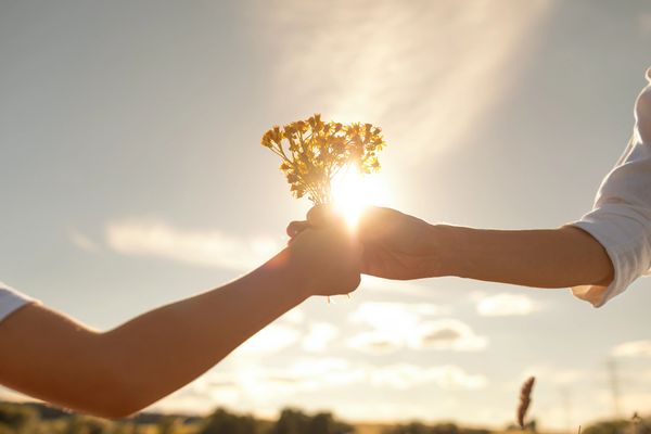 Two hands exchanging a small bouquet at sunset.