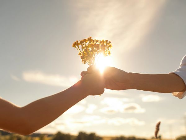 Two hands exchanging a small bouquet of yellow flowers with sunlight shining through.
