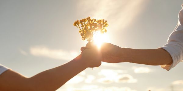 Hands exchanging flowers with sunlight in the background.