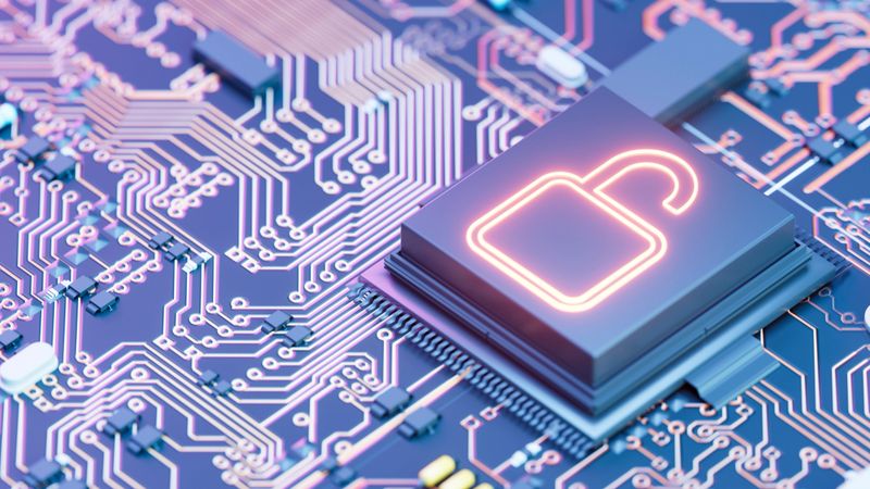 Data Breach, Cyber security concept, digital data security with open padlock on chip of motherboard. Digitally generated image. 3d render.