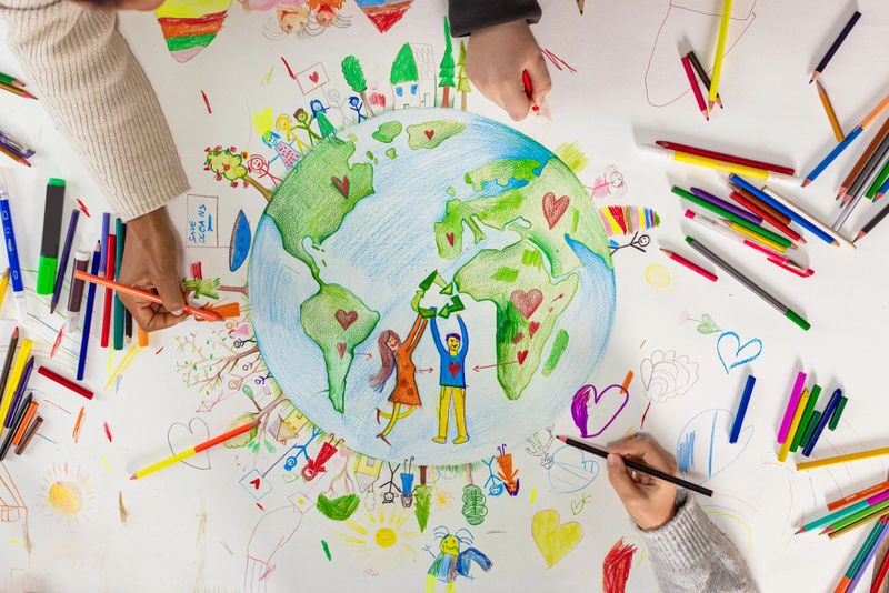 Kids collaborate on a huge Earth Day poster, carefully coloring in details with colored pencils to promote environmental awareness.