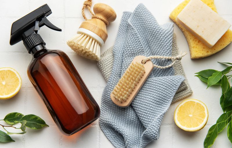 Natural cleaning products and tools arranged on a white tile background, embodying a sustainable and eco conscious approach to household chores