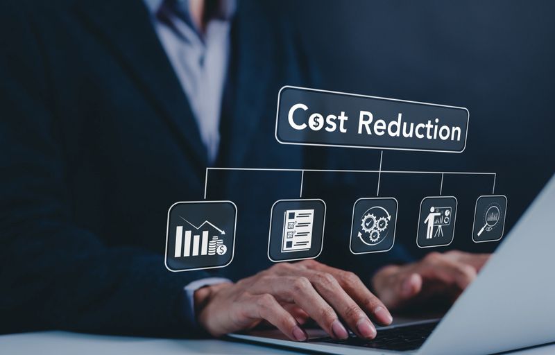 Cost reduction concept. Cost wording on decreasing coins stacking with the down arrow. Businessman working on company cost saving. Cost Management, Economy recession, low budget, Effective business,