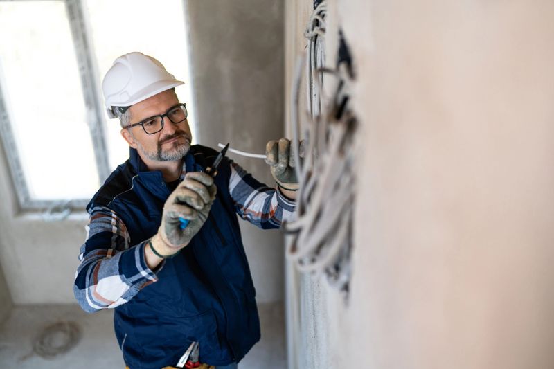 Experienced electrician installing and repairing electrical wiring with tools at a construction site, ensuring safe and proper electrical connections for residential usage wearing safety equipment including a helmet and gloves.