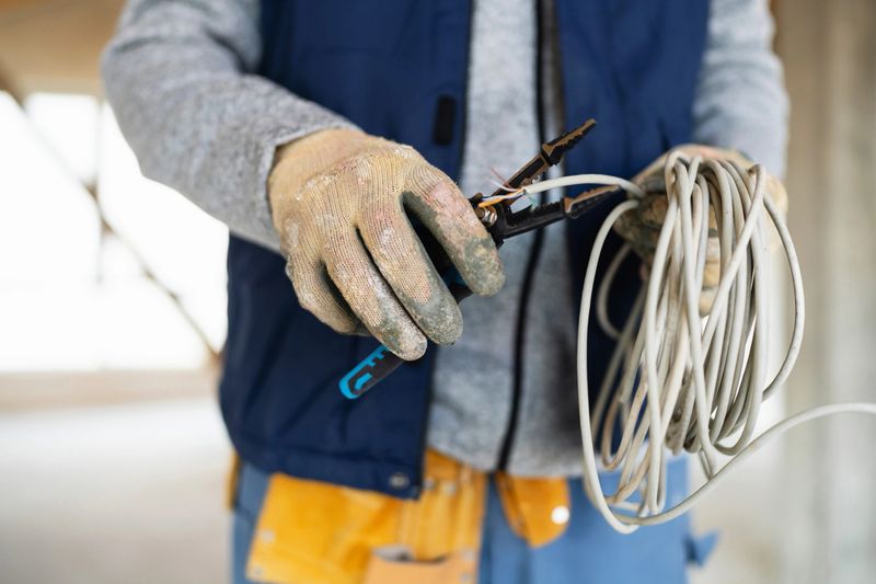 Electrician wearing protective gloves handling electrical wires with pliers in a construction setting. The scene emphasizes safety, precision, and technical skill while working on electrical installations.
