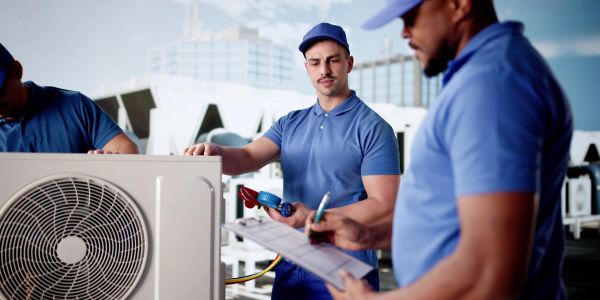 Technicians inspecting HVAC unit.
