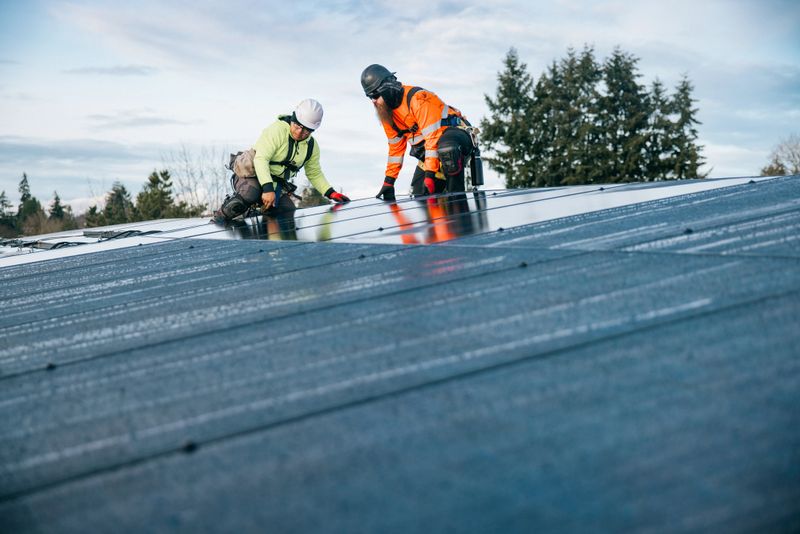 A group of PV Installers (Solar Photovoltaic Installers) work on the roof of an apartment complex, equipping one of a number of buildings to be energy efficient and environmentally friendly.