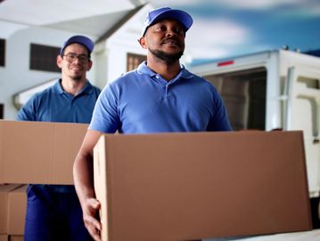 Two movers in blue uniforms carrying large cardboard boxes outside a house.