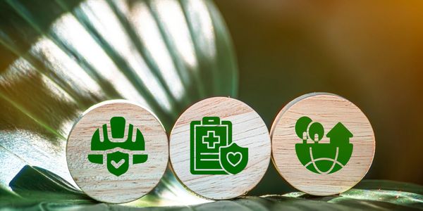 Wooden blocks with green icons for safety, health, and environmental protection.