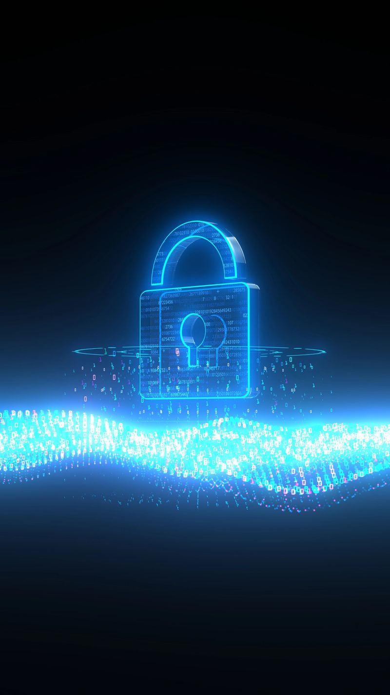 Vertical 3D illustration with a security lock between the waves of bytes.