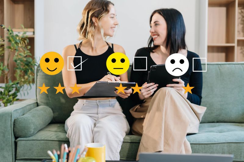 Woman holding a digital tablet with checkboxes rating smiley faces excellent for Satisfaction Survey, Happy Client Customer Experience concept