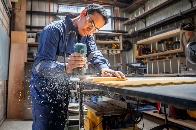 A focused man uses a router on wood, creating precise cuts while surrounded by tools in a well-organized workshop.