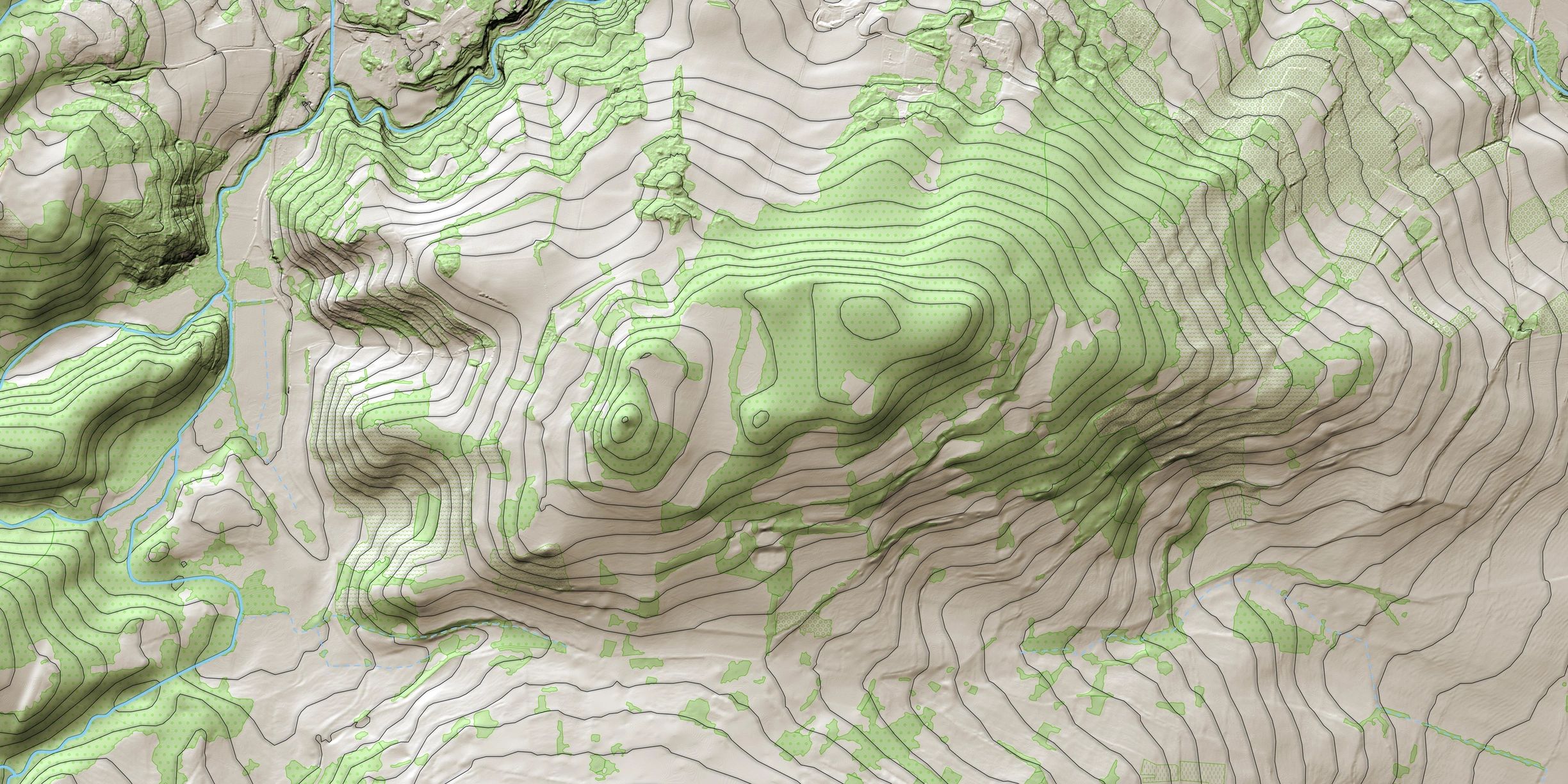 Topographic map showing elevation contours and vegetation areas.