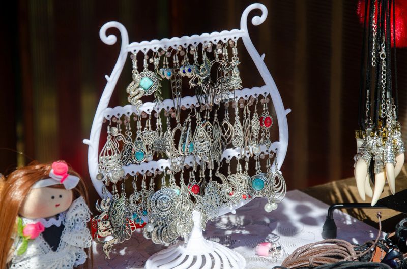 Showcase of jewelry, necklaces, bracelets, rings