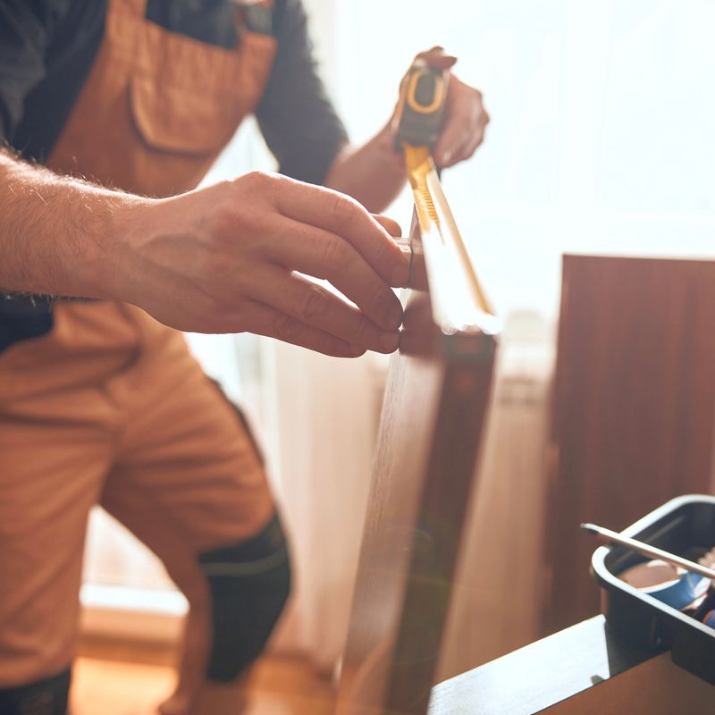Carpenter working and assembling furniture in a new apartment.
