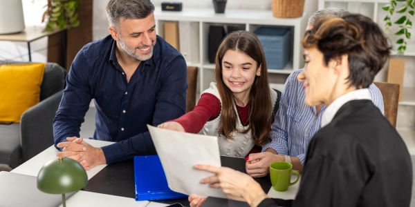 Family reviewing documents with a professional at a table.