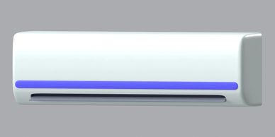 Modern white wall-mounted air conditioner with blue LED light.