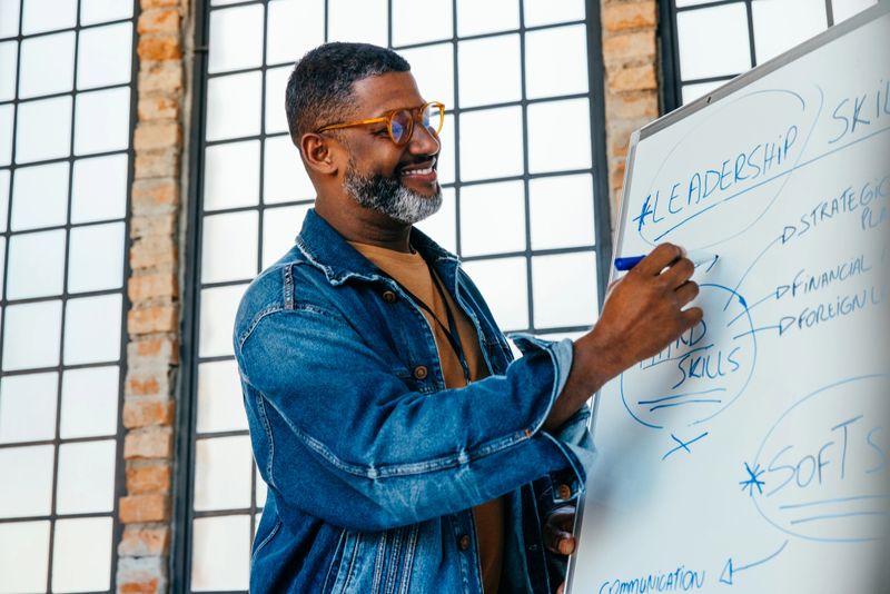 Confident professional illustrating leadership skills on a whiteboard. Engaging training session aimed at enhancing communication and strategic planning abilities.