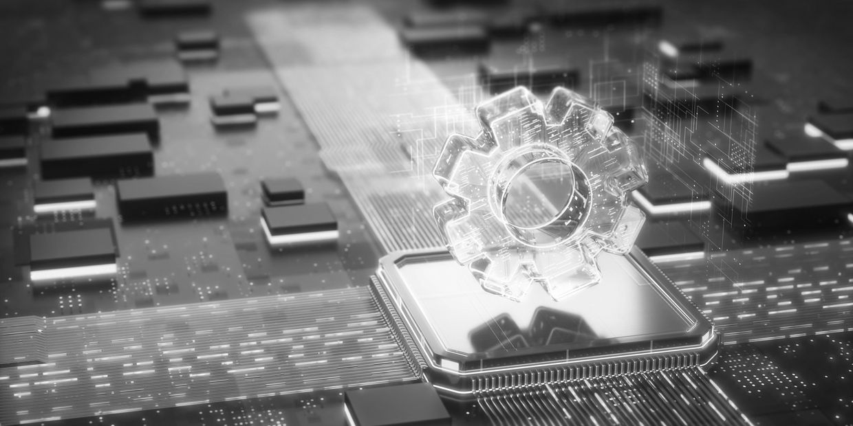 A glowing digital gear hovering above a microchip on a futuristic circuit board.
