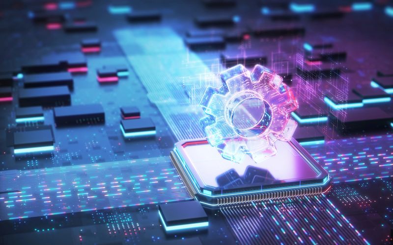 3d render Data Stream Powerful Futuristic Motherboard Chipset and CPU Digital Gears Production and Working Concept, Processor and Data Concept (Depth Of Field)
