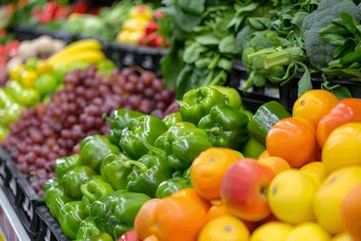Fresh produce display with green bell peppers and oranges.