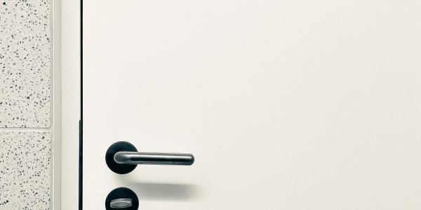 Modern metallic door handle on a plain white door.