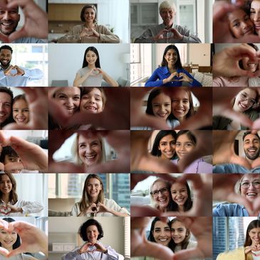 Collage of diverse people forming heart shapes with their hands, expressing love and unity.