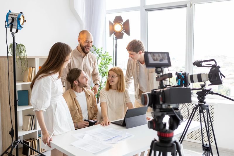 Coworkers cooperation. Happy team. Smiling colleagues work paper documents front of video cameras. Collaboration photography in lighted studio.