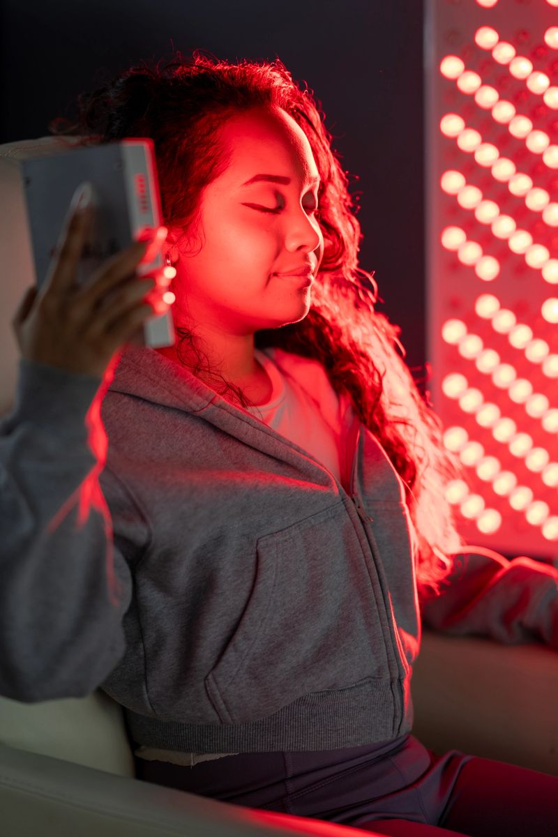 An young woman sits quietly with her eyes closed as she soaks in a red light therapy session.  She is dressed comfortably and appears content as she focuses on her breathing.