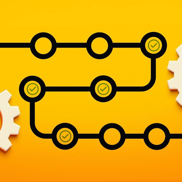 Workflow diagram with checkmarks and gears on a bright yellow background.