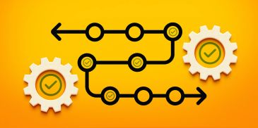 Flowchart with check marks and gears on an orange background.