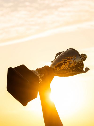 Hand holding a trophy against the sunset.
