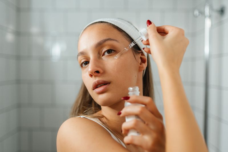 Young woman standing in a bright, modern bathroom, applying facial serum to her skin. She holds a small dropper bottle in one hand and gently applies the serum to her face.