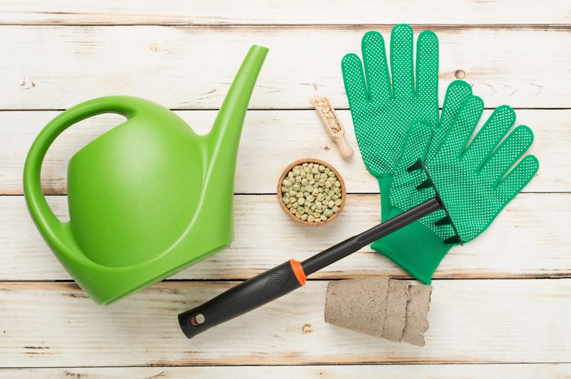 Green gardening tools on wooden background, top view