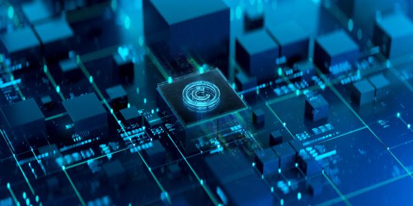 Futuristic digital circuit board with holographic details.