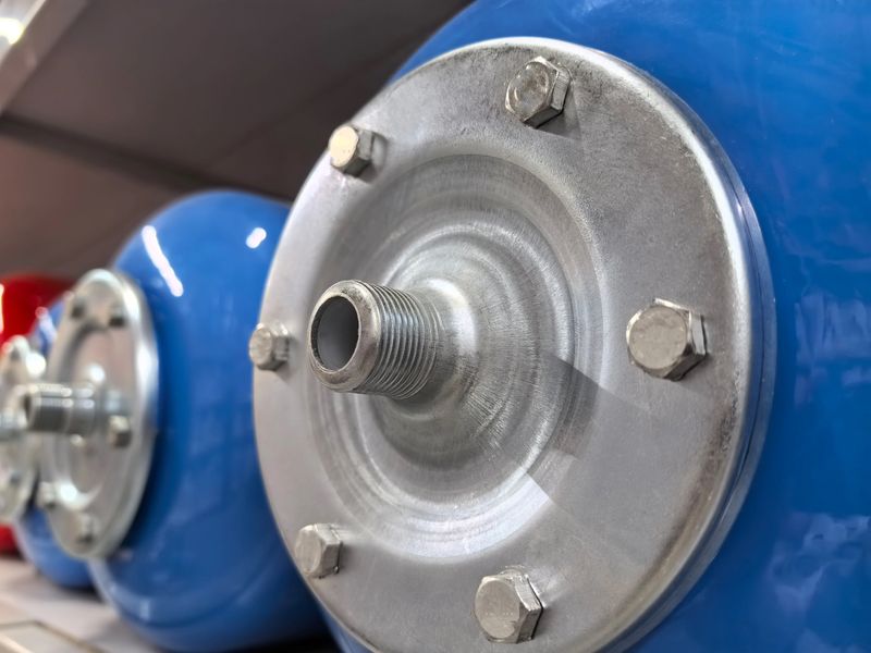 Close-up view of several expansion tanks exhibiting their sleek blue exteriors and sturdy metallic fittings. These tanks are carefully arranged on a modern industrial shelf, emphasizing durability.