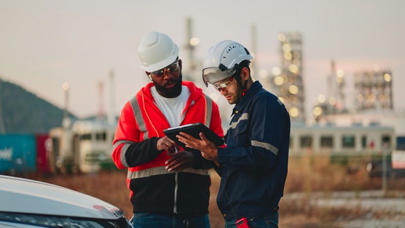 Engineer working to check safety quality control of oil and gas plant at sunset.