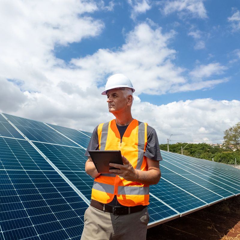 Photo taken in Americana city, Sao Paulo state, Brazil.A senior engineer wearing a white hard hat and an orange safety vest inspects solar panels with a digital tablet in hand. The photovoltaic system is set against a backdrop of a clear, sunny sky with scattered clouds. The scene highlights renewable energy, solar technology, and sustainable solutions in modern infrastructure.