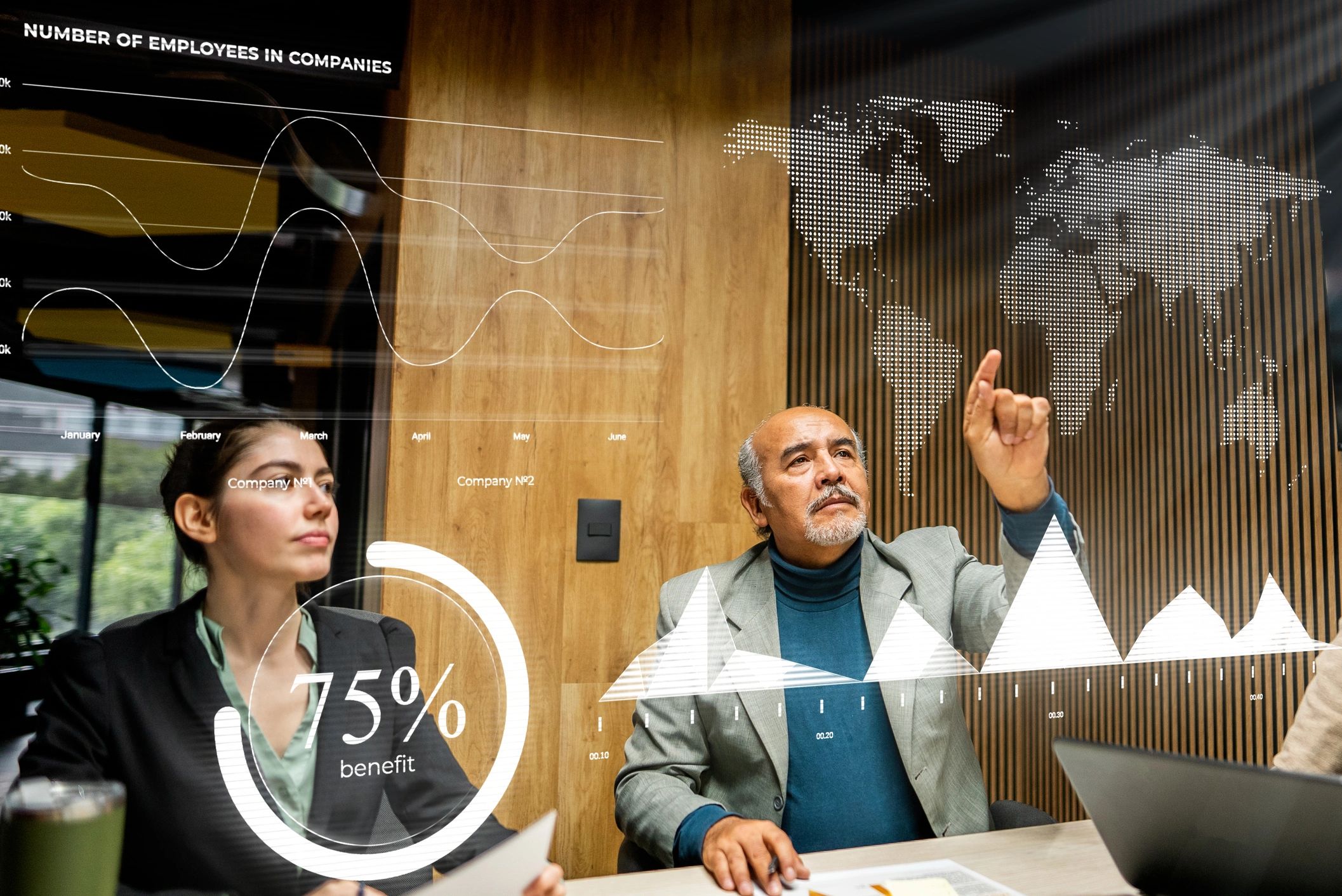 Business executives analyzing cybersecurity metrics and digital transformation strategy.