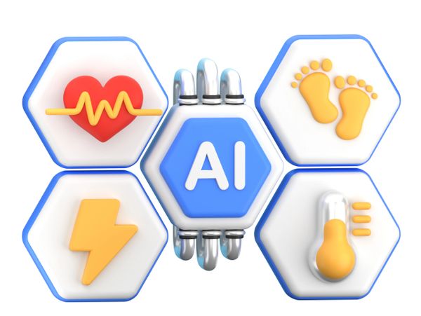 3D hexagons with AI and health-related icons like heart, footprints, energy, and thermometer.