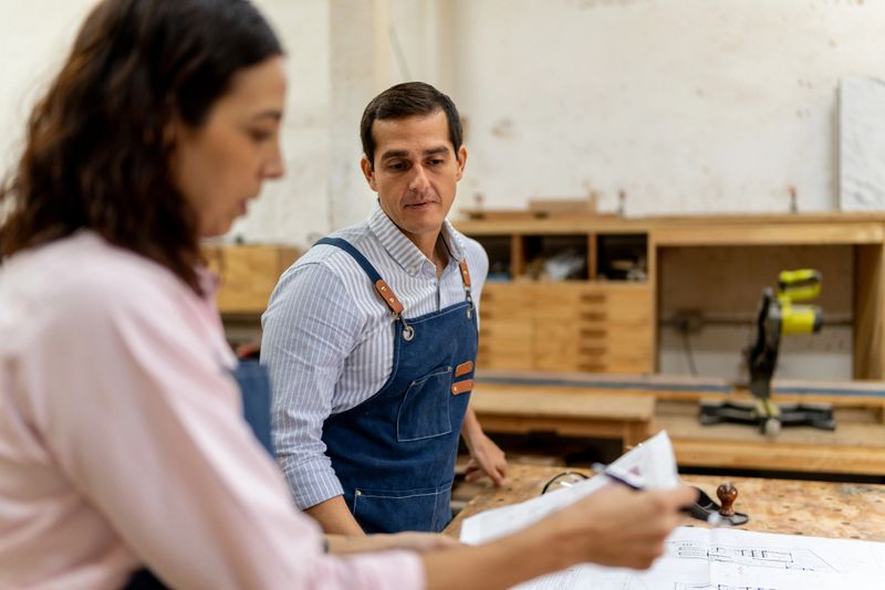 Mid adult carpenter man working and talking to coworker at carpentry