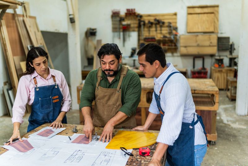 Mature carpenter man talking to coworkers at carpentry