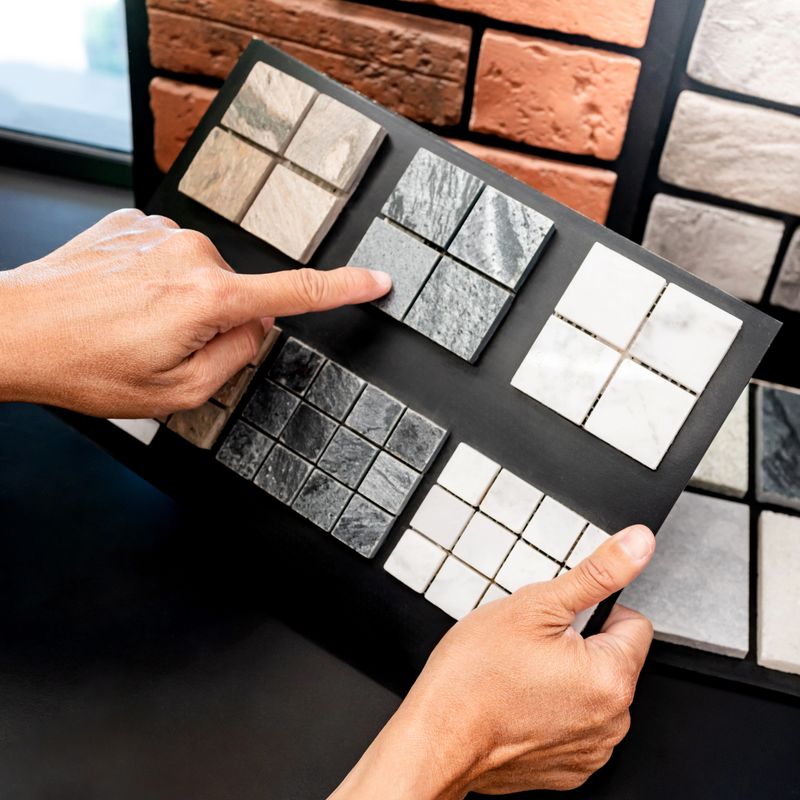Architect hand pointing at stone tile collection display on sample board. Stone texture and pattern for architectural material ideas. Exterior or interior wall and floor finishing in natural style