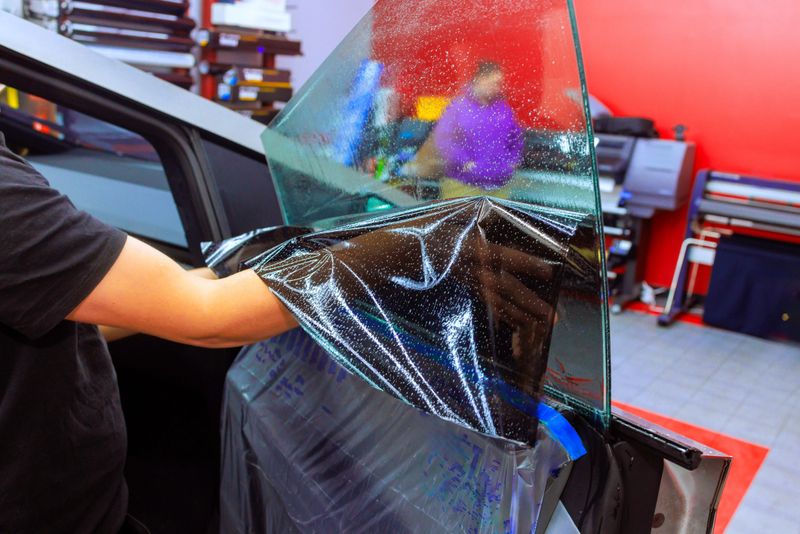Technician carefully installs window tint film on vehicle in a well equipped work car shop.