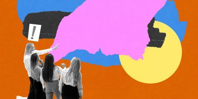Four women pointing and discussing colorful abstract shapes against an orange background.
