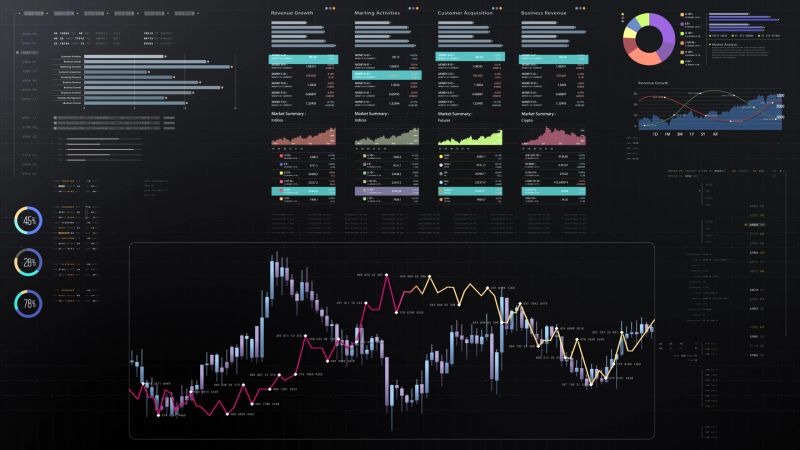 Dynamic data visuals for business info graphics, animated charts, and data-driven insights for a business meeting mock-up. Explore the world of trading, stock exchanges, and crypto